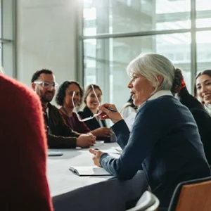 members of a board of directors speak at a table in an office