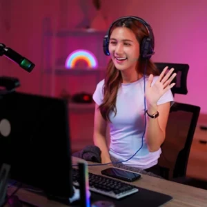 A young digital creator in her home office