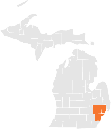 A map of Michigan with the service area highlighted